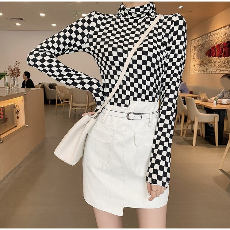 Long Sleeve Turtleneck Checkerboard Plaid Stretchy Shirt