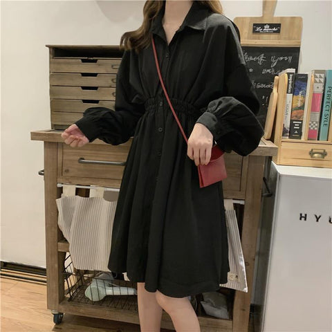 Loose Turn Down Collar Lantern Sleeve Dress