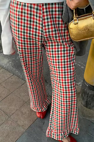 Loose Retro Plaid Ruffled Length Pants