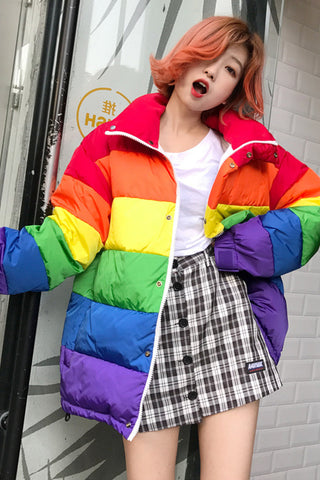 Solid Warm Rainbow Color Parkas Coat Jacket