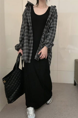 Long Sleeve Grey Plaid Pattern Blouse Shirts