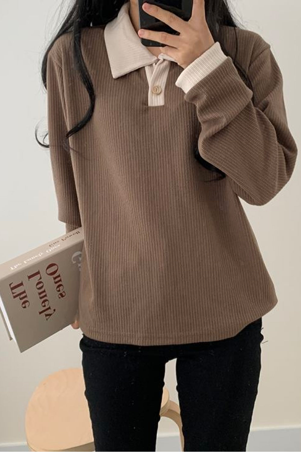 Long Sleeve Turn Down Collar Hit Color Shirt