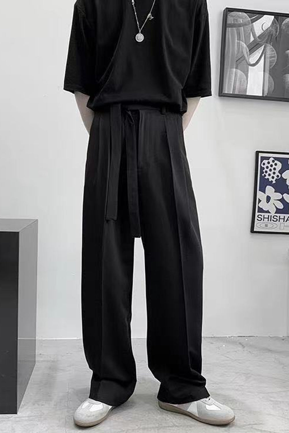 High Waist Loose Belted Straight Long Pants