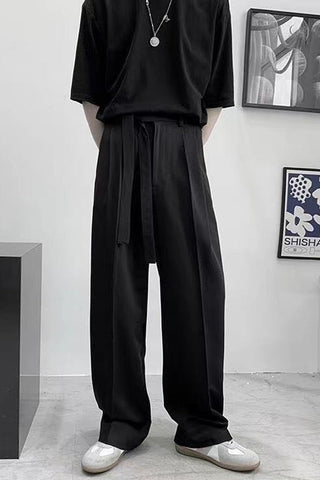 High Waist Loose Belted Straight Long Pants