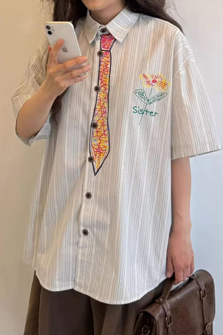 Short Sleeve Cute Tie Hand Painted Striped Blouse Shirts