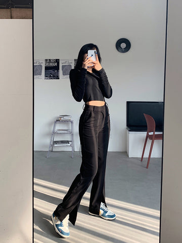 High Waist Split Leg Black Jeans Pants