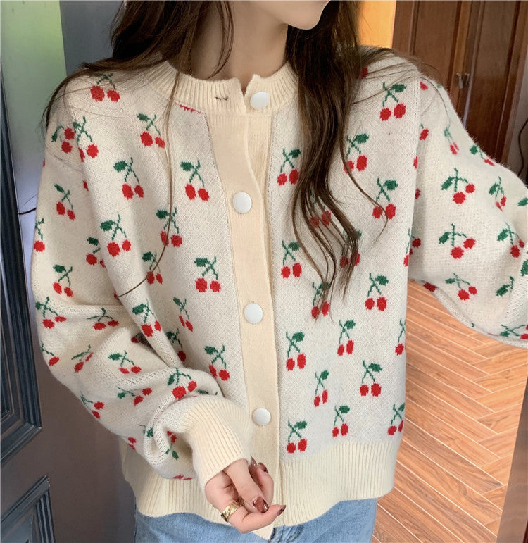 Sweet Cherries Printed Knitted Cardigan Sweater