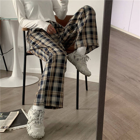 High Waist Loose Casual Plaid Pants