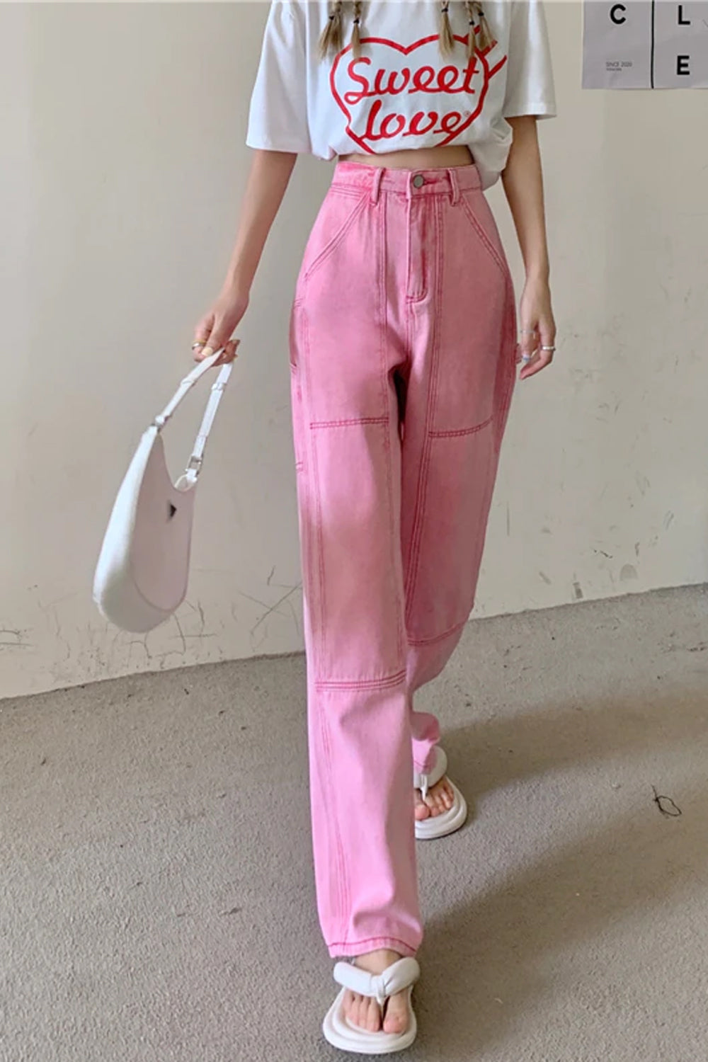 High Waist Long Pink Casual Jeans Pants