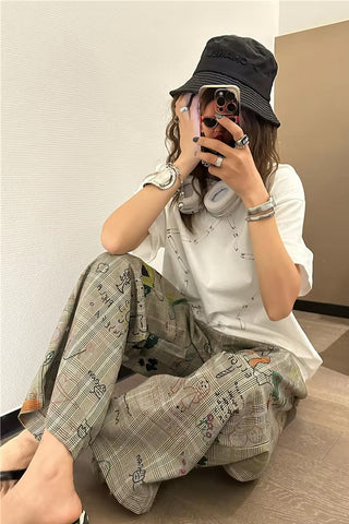 Loose Graffiti Printed Long Plaid Pants