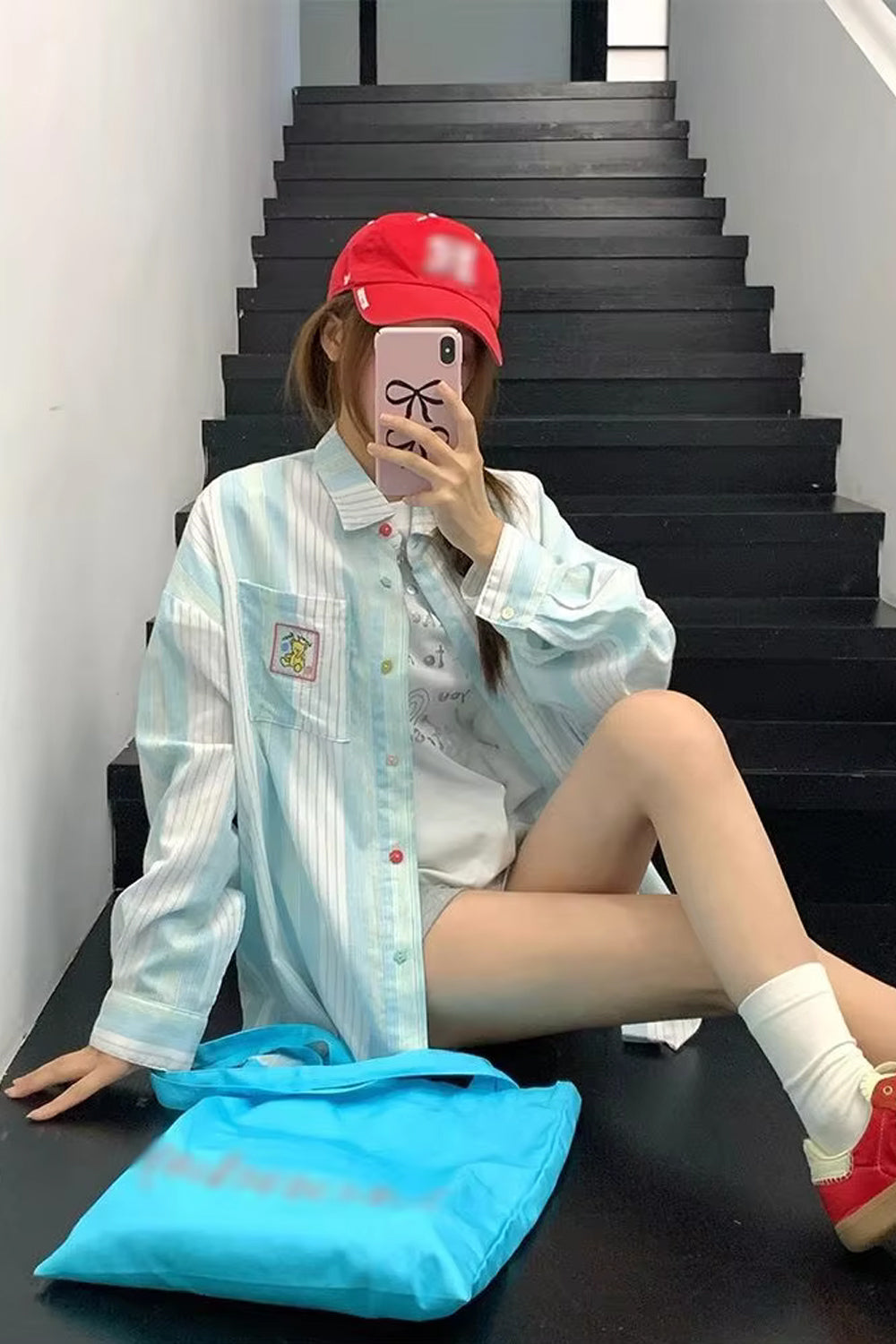 Long Sleeve Bear Pocket Embroidery Striped Blouse Shirts