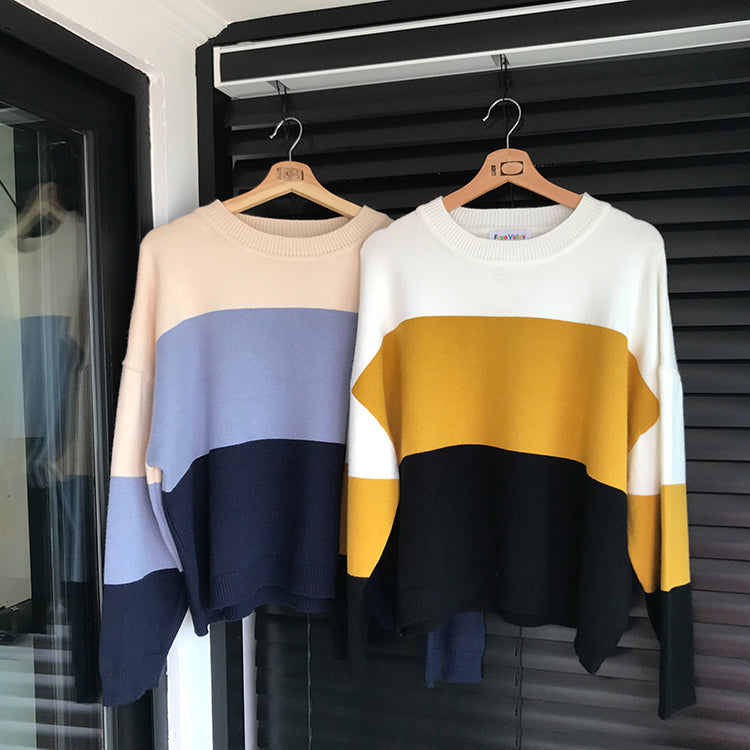 2 Farben O-Ausschnitt Strickpullover 