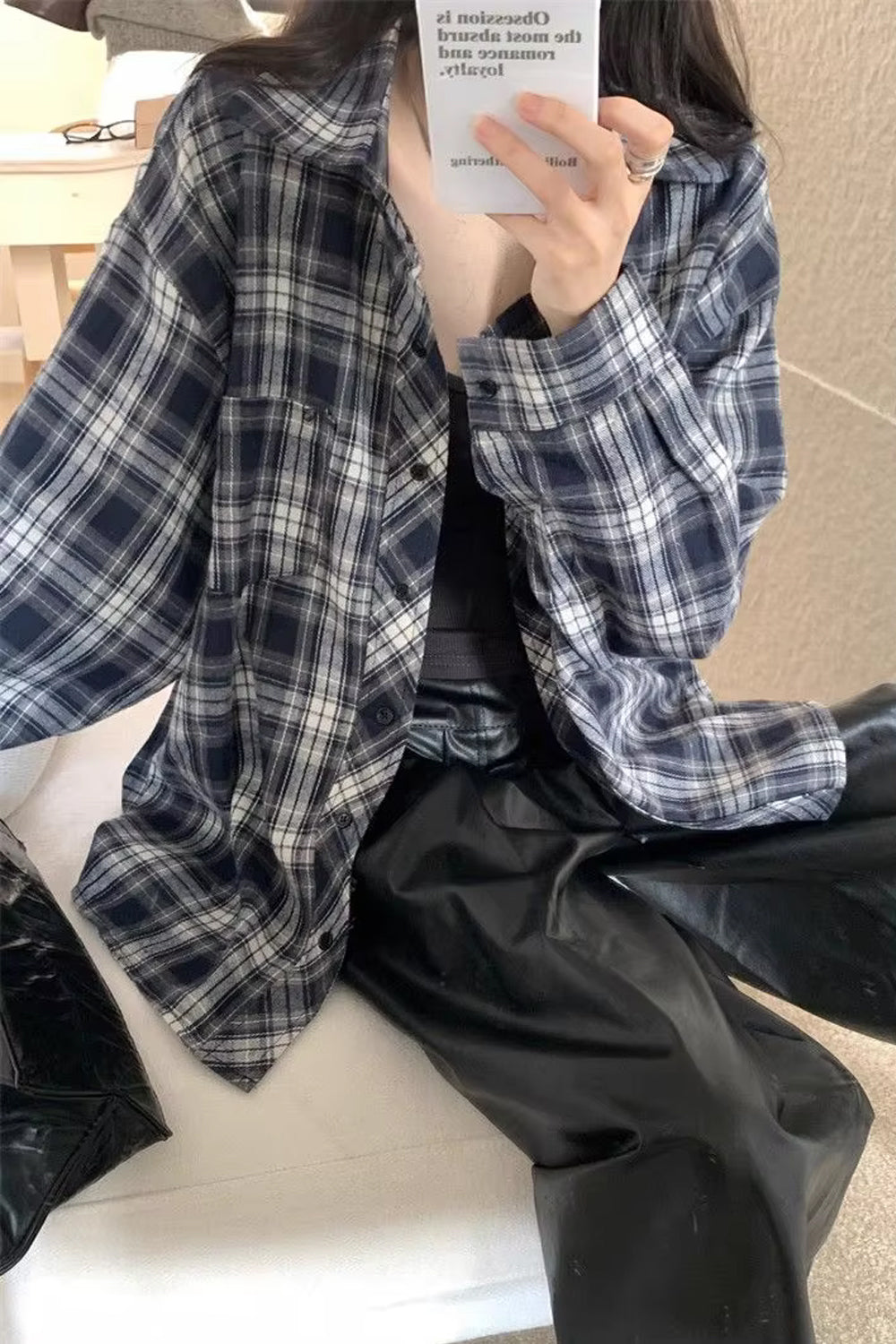 Long Sleeve Loose Retro Plaid Blouse Shirt