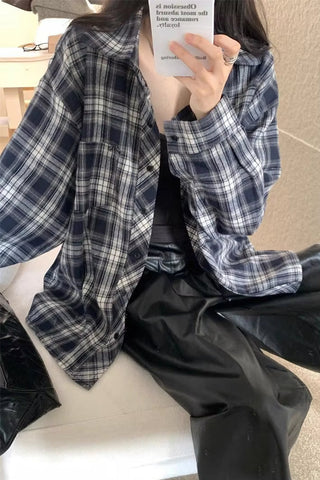 Long Sleeve Loose Retro Plaid Blouse Shirt