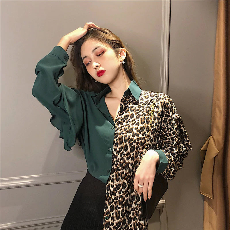 Half Leopard Combination V-Neck Blouse Shirt