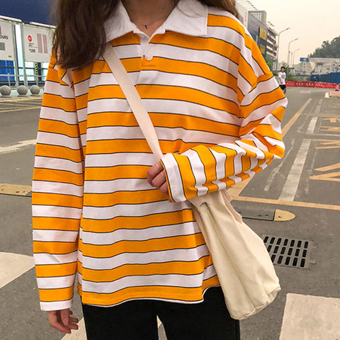 Loose Casual Vintage Striped Turn Down Collar