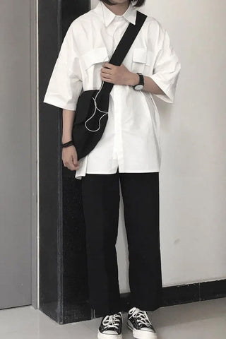 Short Sleeve Double Pockets Basic Blouse Shirts