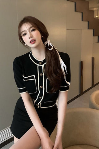 Short Sleeve Panelled Line Cropped Slim Shirt
