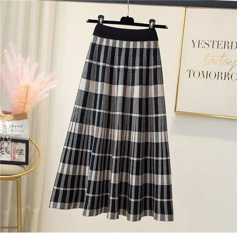 Vintage Plaid Elegant Knitted Long Skirts