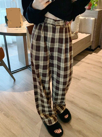 High Waist Vintage Brown Plaid Long Pants