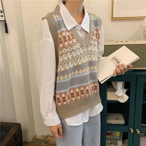 Retro Pattern V-Neck Sleeveless Vest Sweater