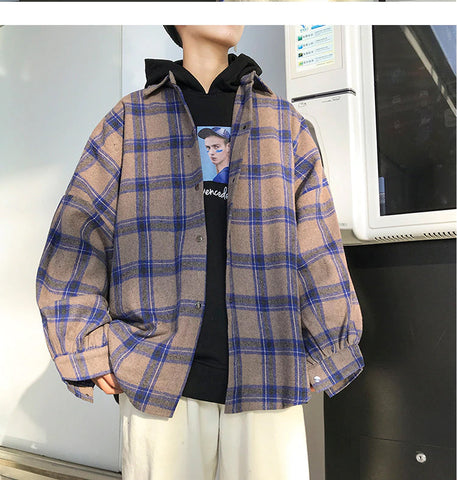 Blue Color Block Plaid Loose Men Fleece Shirt