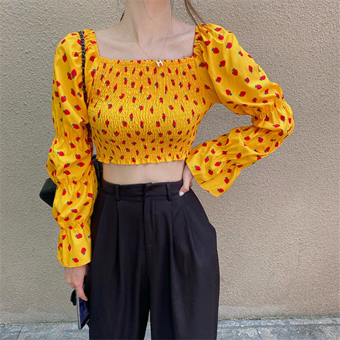 Sexy Slash Neck Strawberry Pattern Puff Sleeve Shirt