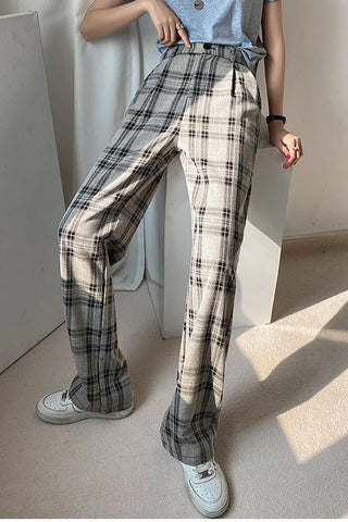 High Waist Plaid Elegant Long Pants
