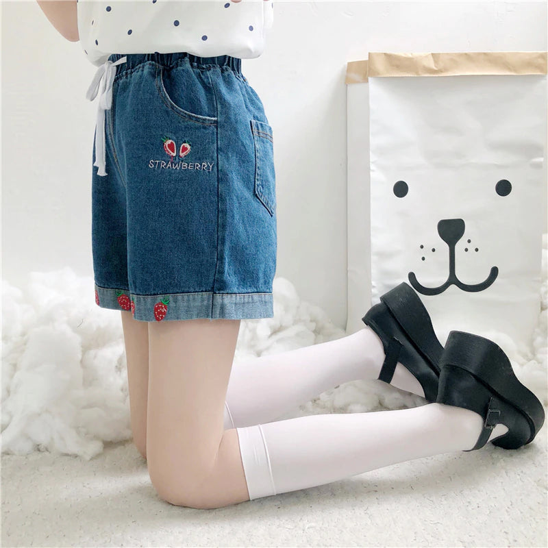 Cute Strawberry Embroidery Denim Shorts Jeans
