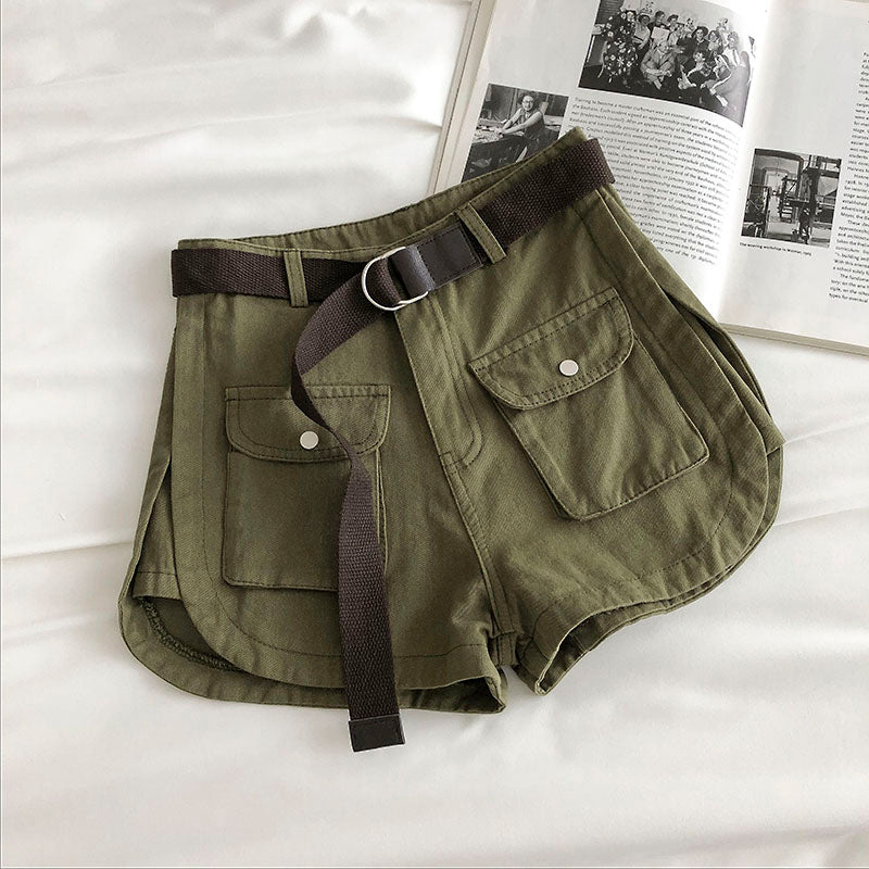 High Waist Belted Double Front Pocket Shorts