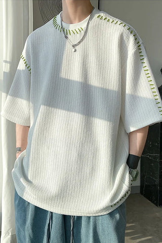 Loose Short Sleeve Suture Pattern Men Shirt