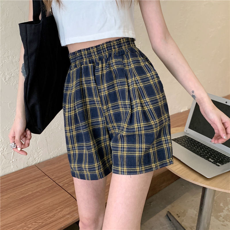 Elastic Waist Retro Plaid Shorts Pants