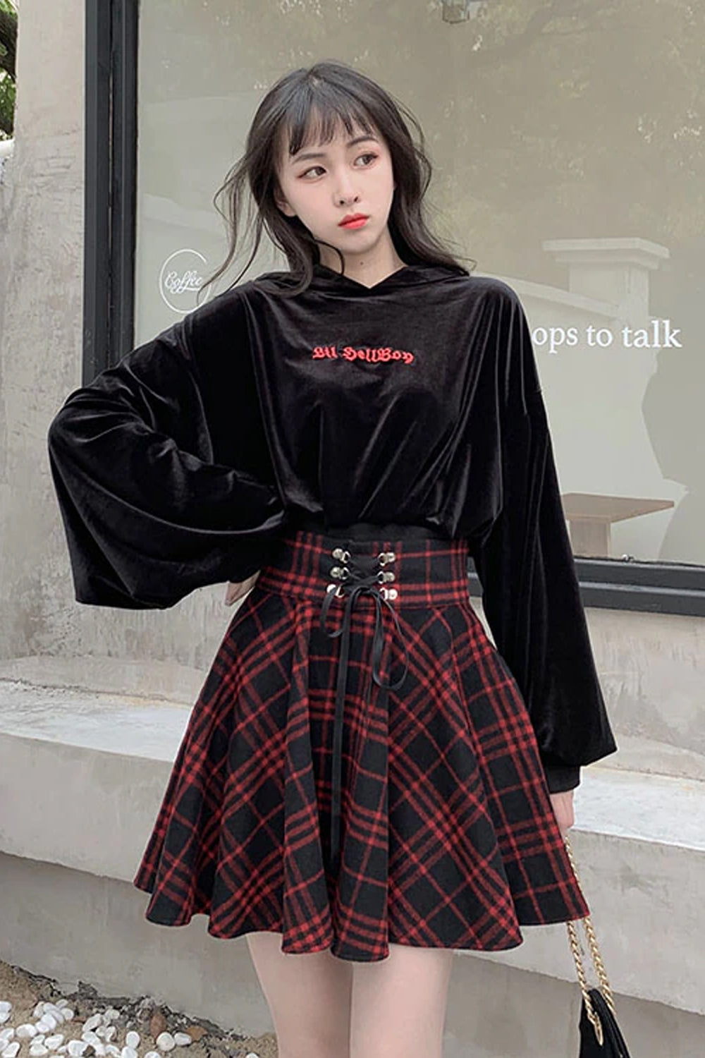 High Waist Lace Up Plaid Gothic Style Skirt