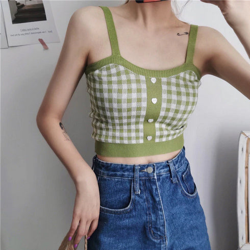 Kariertes, gestricktes Camisole-Crop-Top mit Spaghettiträgern 