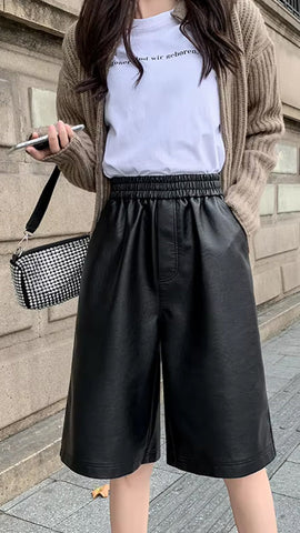 High Waist Elastic Casual Leather Shorts
