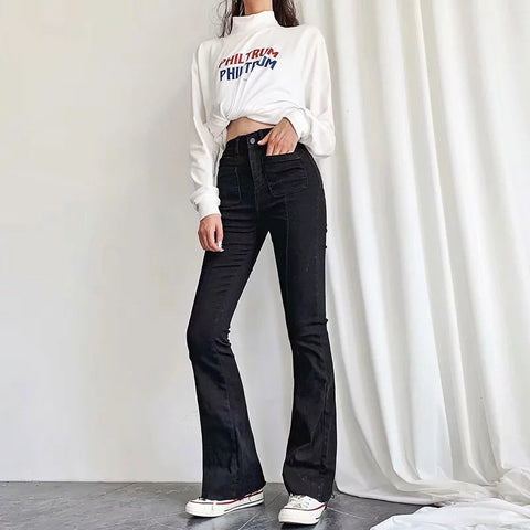 High Waist Rise Buttons Flared Jeans