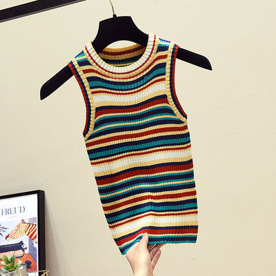 Sleeveless Striped Knitted Crop Tops