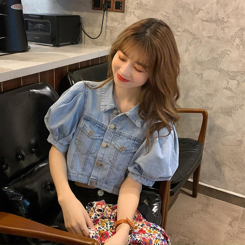 Solid Puff Sleeve Cropped Denim Shirts