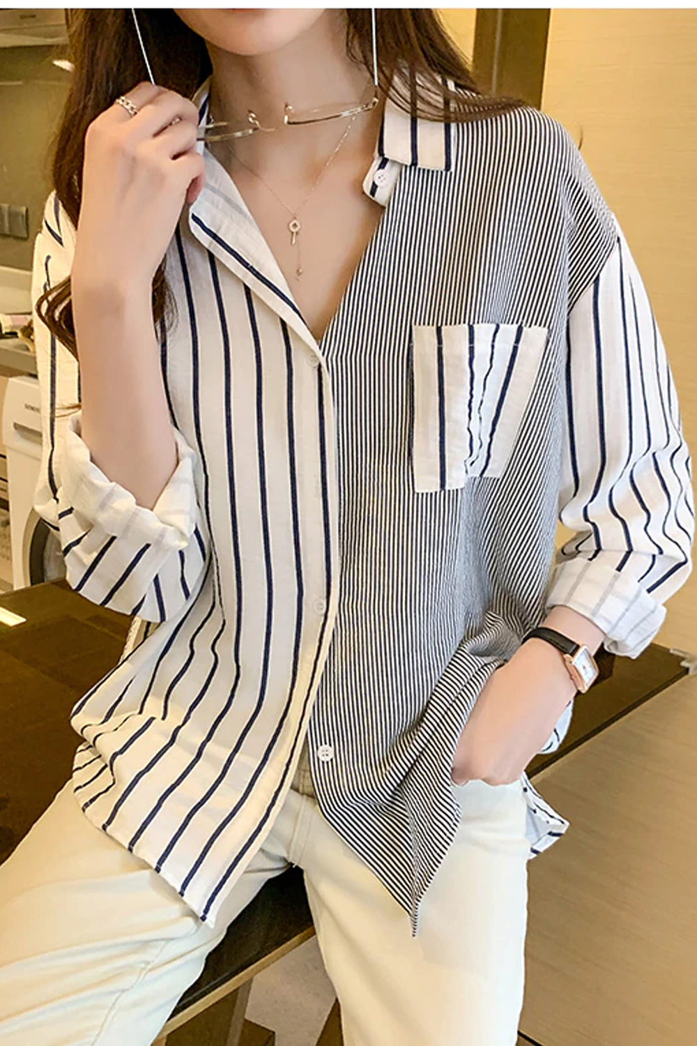 Casual Striped Combination Long Sleeve Blouse Shirt