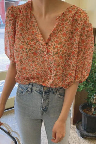 Half Sleeve Retro Flowers Chiffon Blouse Shirt