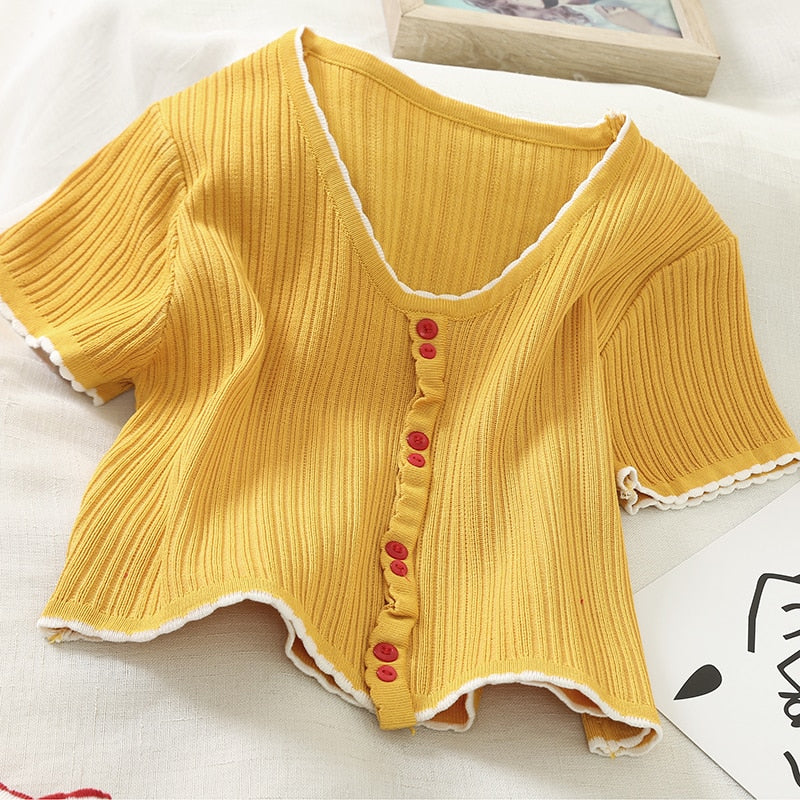 V Neck Slim Button Up Casual Knitted Cropped Shirt