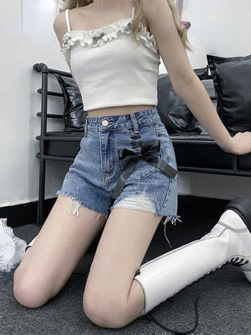 Cute Bow Extended Denim Shorts Jeans