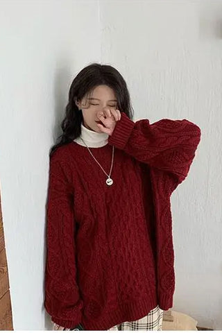 O-Ausschnitt Retro Strickpullover in Rot 