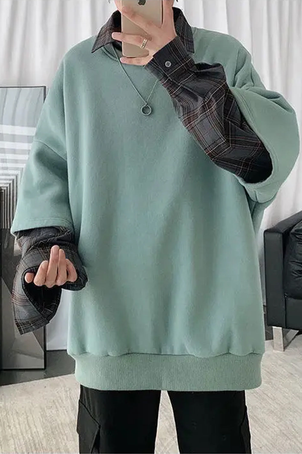 Long Sleeve Hip Hop Two Style Plaid Sweatshirt