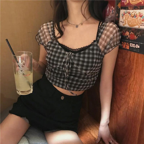 Retro Square Collar Chiffon Plaid Crop Tops