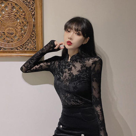 Black Turtleneck Lace Chinese Style Blouse