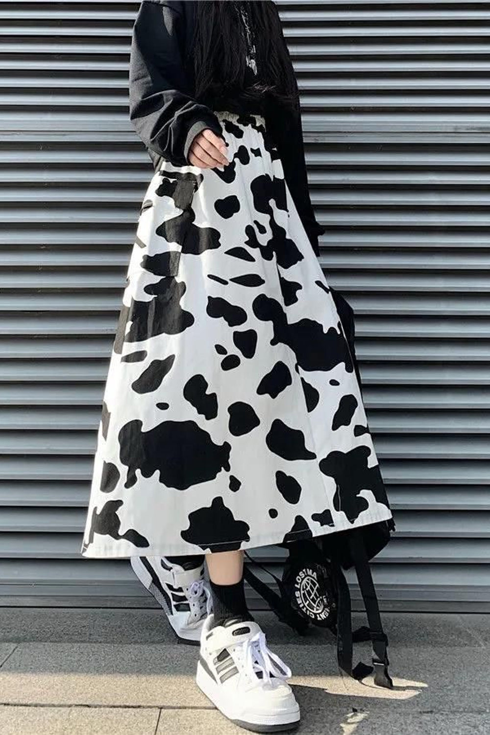 Loose Cow Pattern Mid Calf Skirts