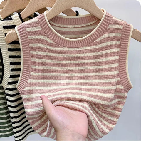 O-Neck Striped Sleeveless Knitted Tank Top
