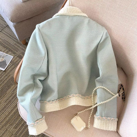 Long Sleeve Light Blue Cropped Elegant Tweed Jacket
