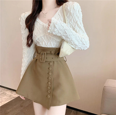 High Waist Belted A-Line Mini Skirts